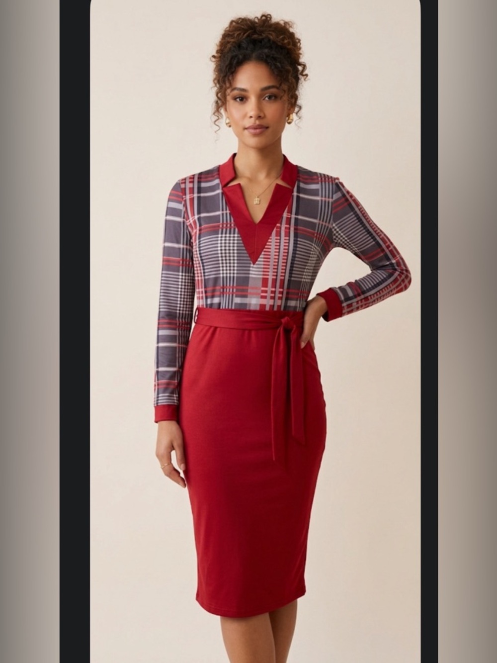 Red Plaid Wrap-Style Midi Dress size S